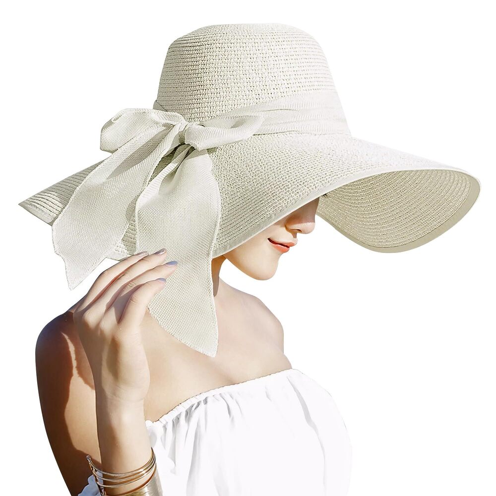 2870 5.7 Inches Big Bowknot Straw Hat Large Floppy Foldable Roll up Beach